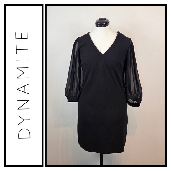 Dynamite Black Mini Dress Sheer Balloon Sleeves V-Neck Size P/S (Small) - Picture 1 of 9